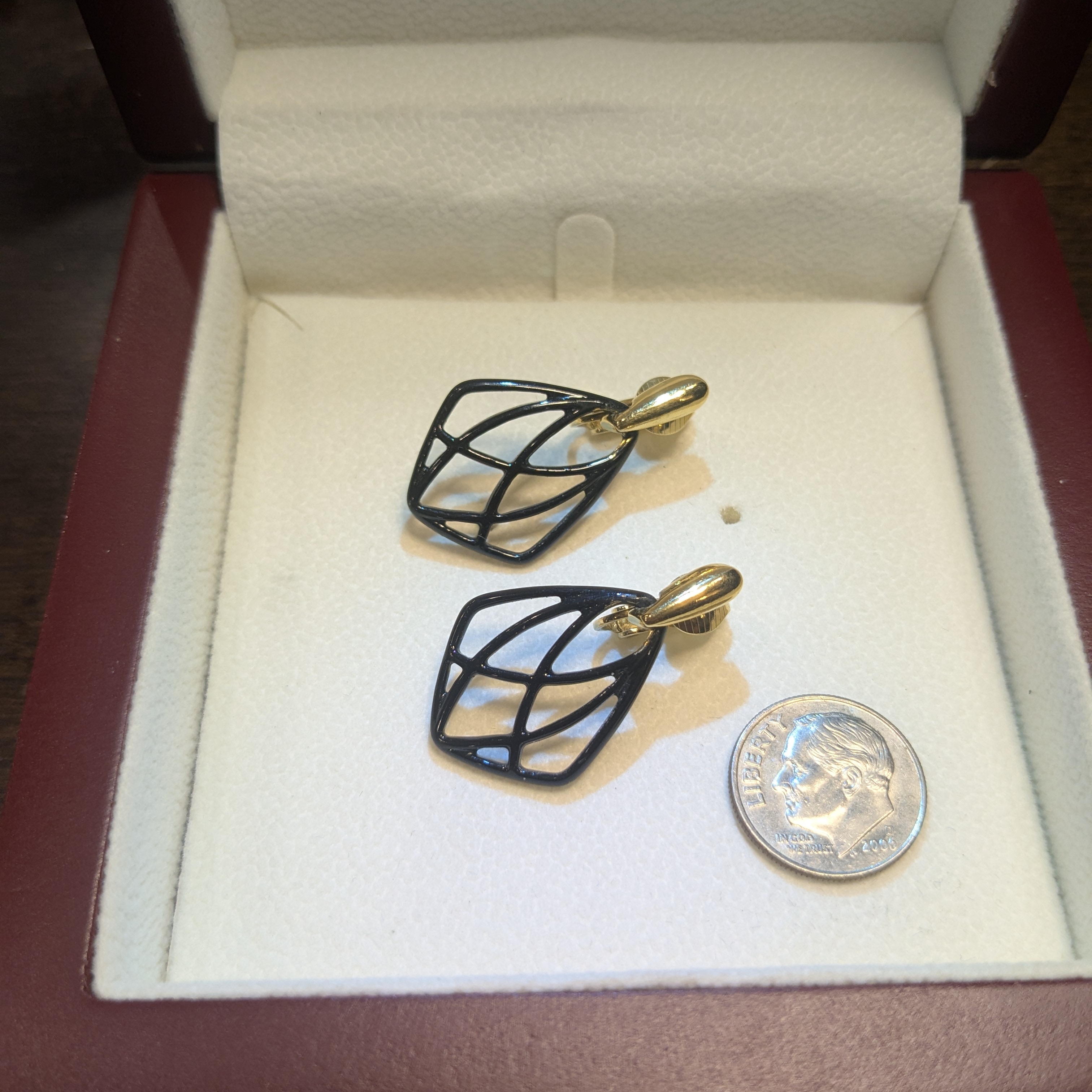 Trifari Gold And Navy Enamel Open Geometric Earrings 1980s 10$